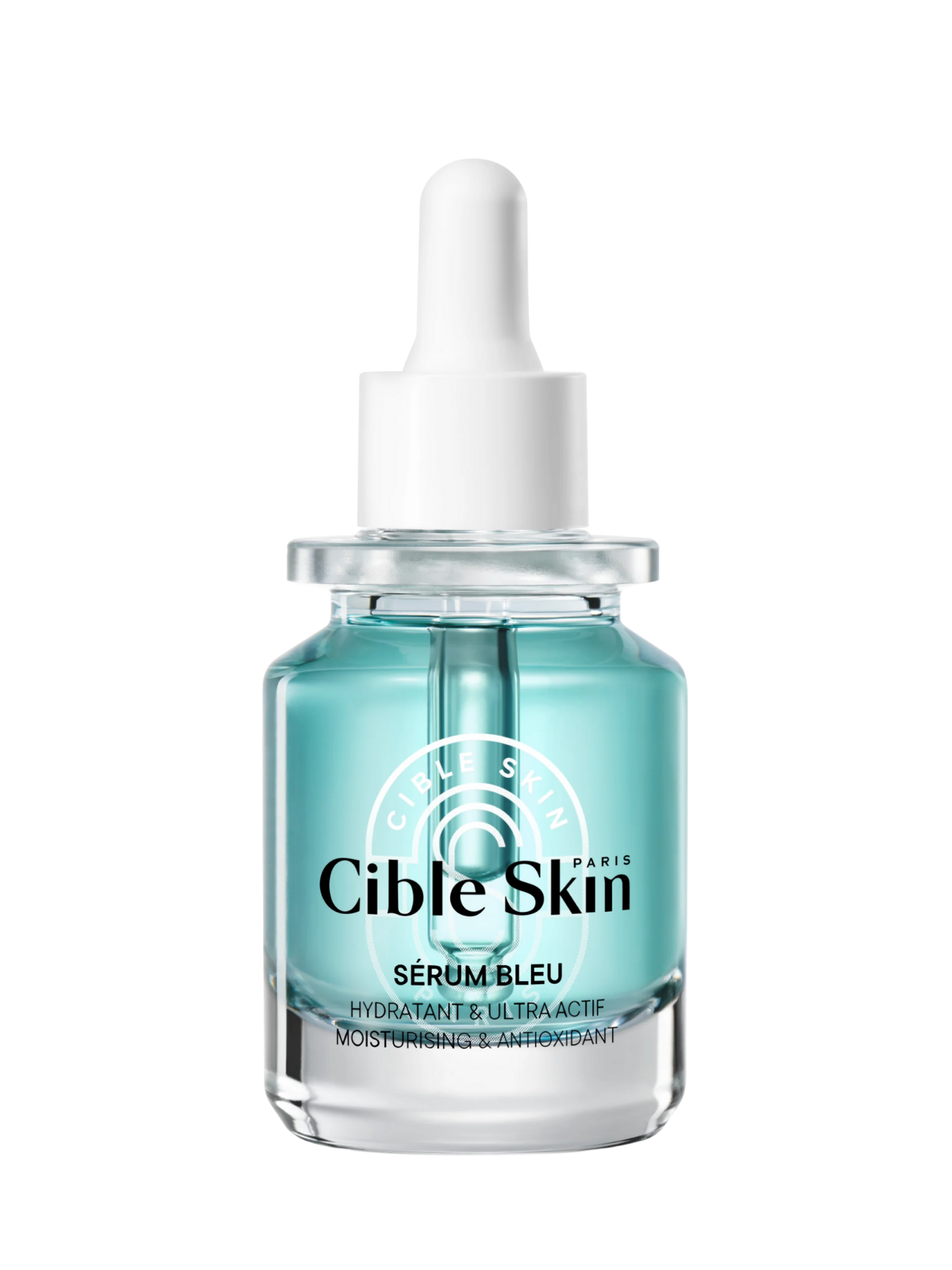 Cible Skin Serum Bleu bottle with dropper on a white background